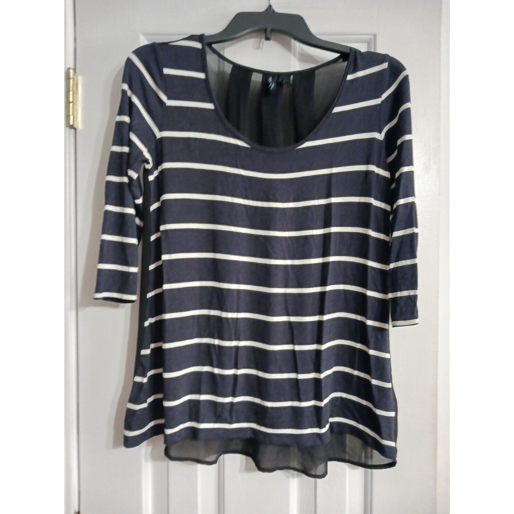 Women's Cynthia Rowley 3/4 Sleeve Black Stripe Top Size S Sheer Back Blouse